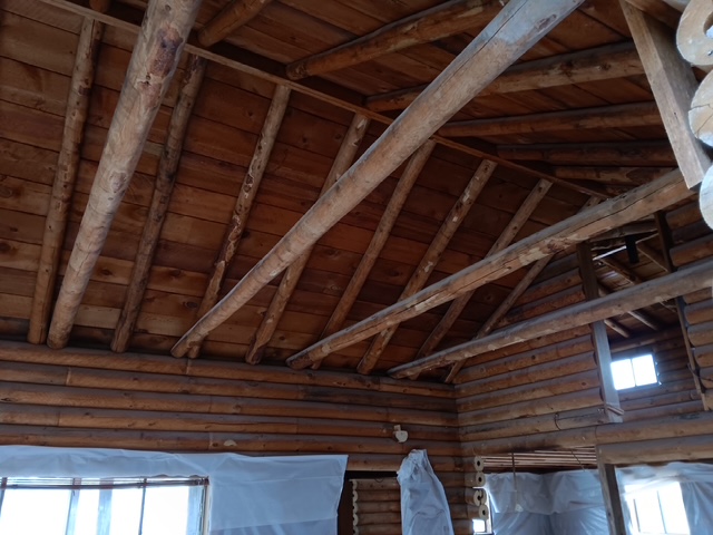 Log cabin interior before sandblasting